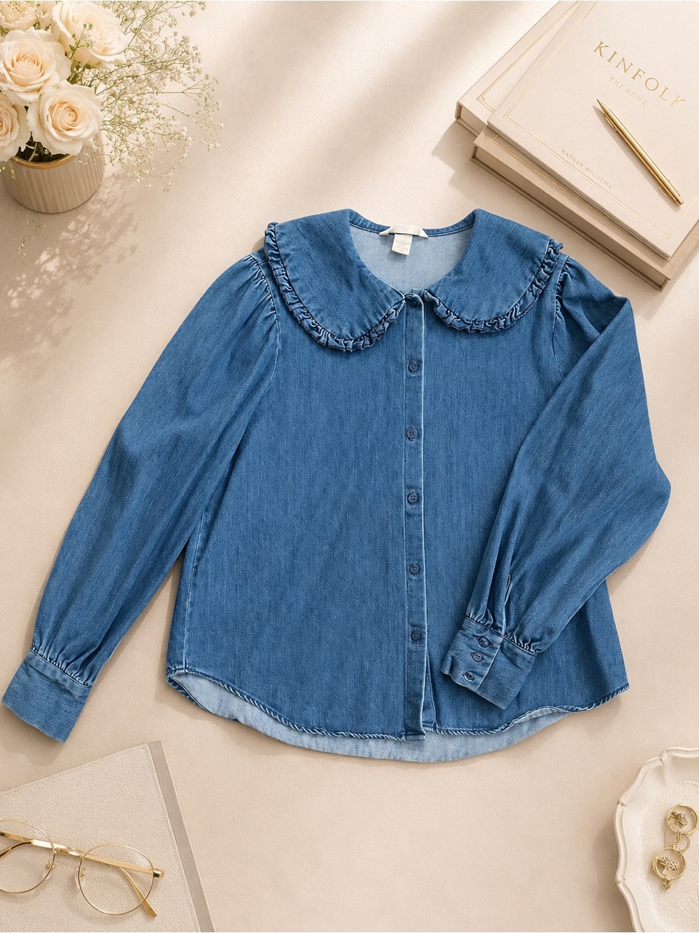 H&M Denim Peter Pan Collar Button Front Blouse Size M Puff Sleeve Chambray Top